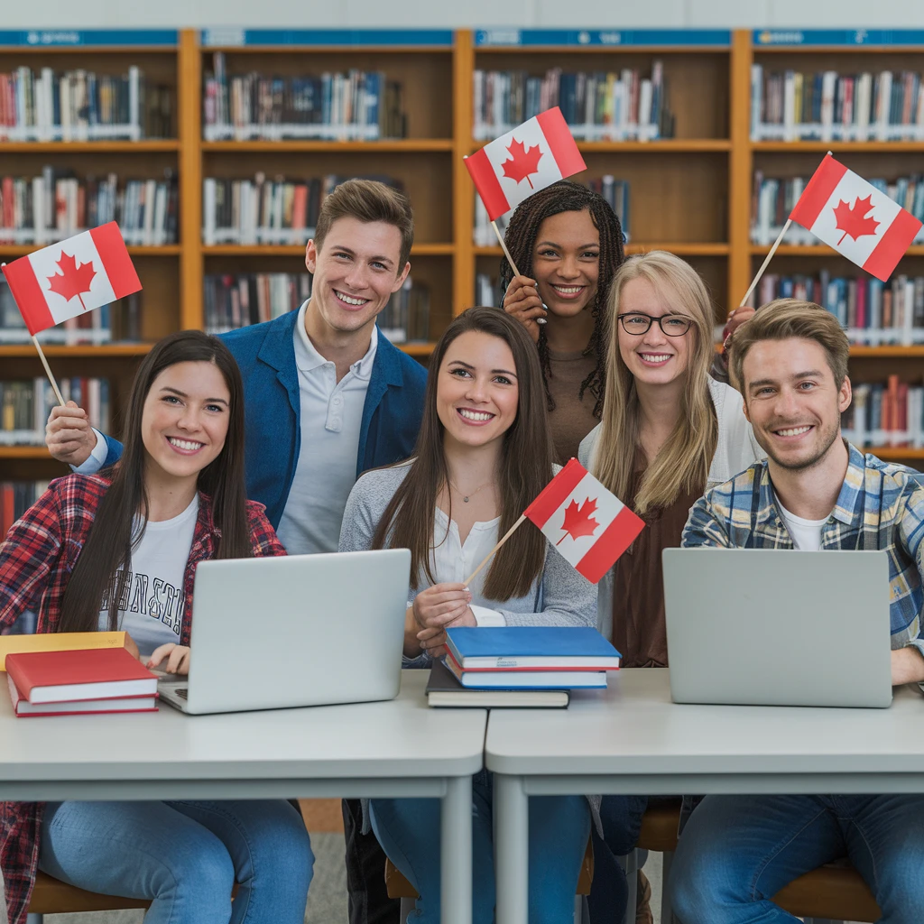 Happy students celebrating with Canadian flags - Family sponsorship services